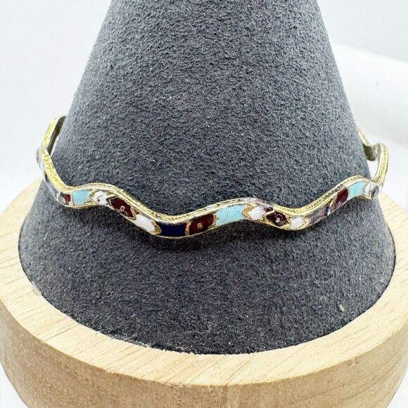 Vintage Enamel Bangle Bracelet Wavy Design Red Blue White Bohemian - Picture 1 of 9